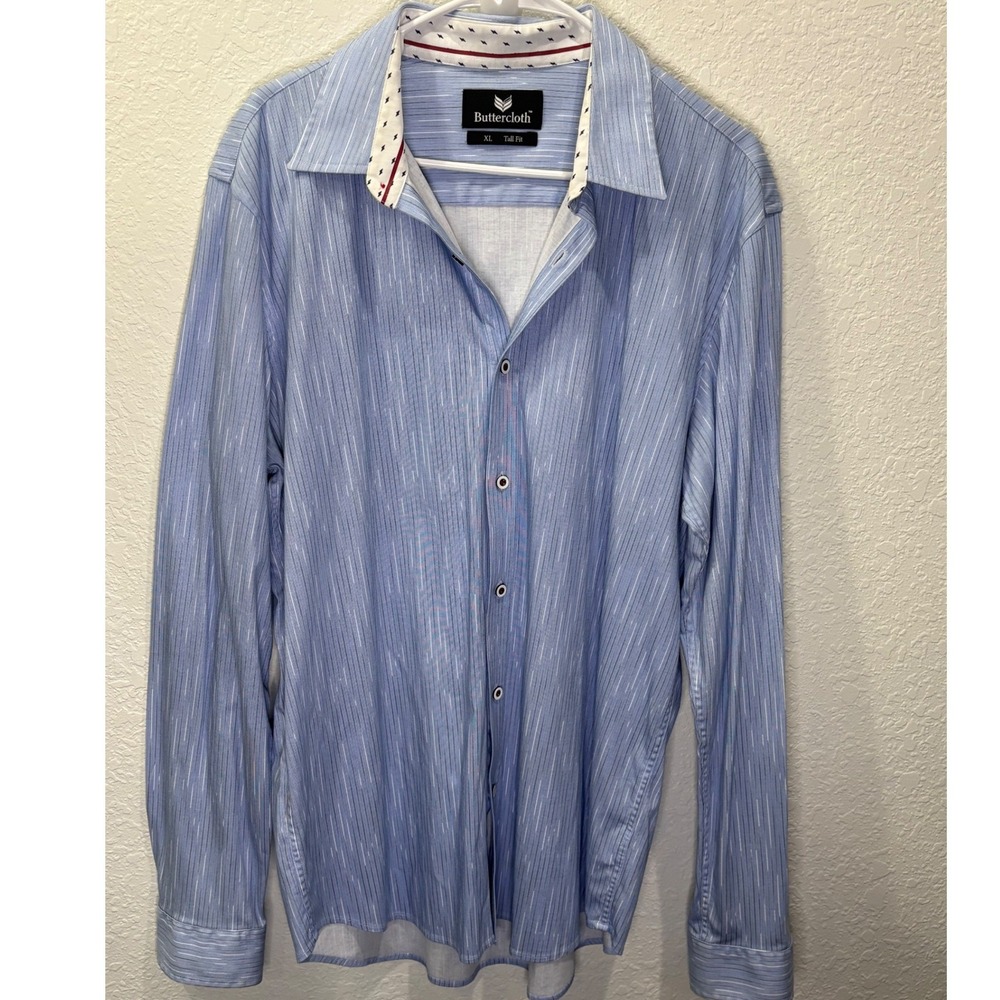 Buttercloth Mens XL Tall Fit Striped Button Down Shirt Blue White 100% Cotton